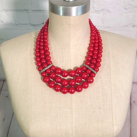 Kosmos Costume Jewelry Cranberry Blood Red Faux Pearl Three Strand Rhinestone - Picture 16 of 17